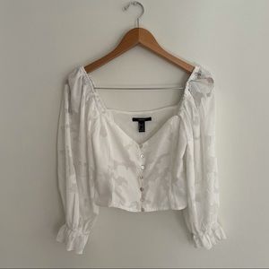 Forever 21 Cropped Floral White Balloon Sleeve Top Size Small